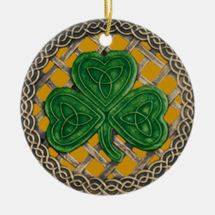 Décoration En Céramique Ornament shamrock Et Céltic Knots Or