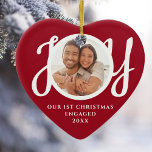 Décoration En Céramique Our First Christmas Engaged Photo Red Heart-Shaped<br><div class="desc">This keepsake red heart-shaped First Christmas Engaged photo ceramic ornament is decorated with the word JOY in stylish white script typography. Easily customizable.</div>