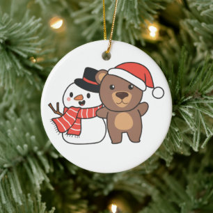 Décoration En Céramique Ours Avec Snowman En Hiver Pour Noël Céramique