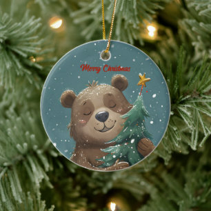 Décoration En Céramique Ours Brun Joyeux Enlaçant l'Arbre de Noël