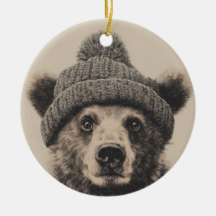 Décoration En Céramique Ours Cozy Bear en bonnet - Joli animal d'hiver