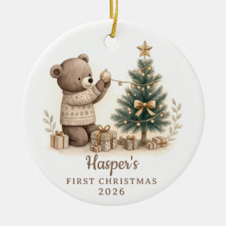 Décoration En Céramique Ours en aquarelle neutre Bébé Premier Noël
