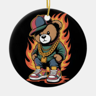 Décoration En Céramique Ours en peluche de style hip-hop avec chaînes en o