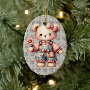 Décoration En Céramique Ours en peluche pastel tenant une fleur et portant