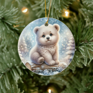 Décoration En Céramique Ourson en forêt hivernale