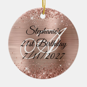 Décoration En Céramique Paillettes Rose Gold Glitter et Feuille 21e Annive