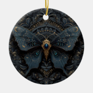 Décoration En Céramique Papillon bleu foncé orné de filigrane doré