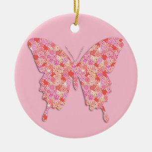 Décoration En Céramique Papillon en motif de fleurs - rose, orange