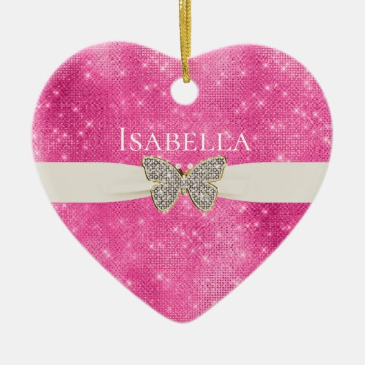 Décoration En Céramique Papillon rose étincelant à bijoux Nom (Devant)