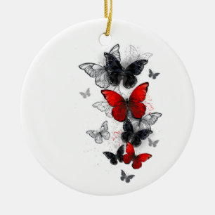 Décoration En Céramique Papillons Morpho Noirs et Rouges en Vol