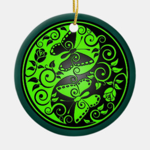 Décoration En Céramique Papillons, vert et noir de Yin Yang