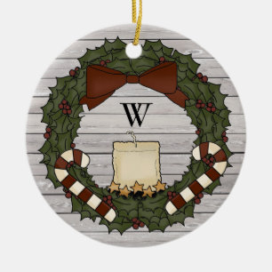 Décoration En Céramique Pays primitif Ferme Holly Monogram Wreath