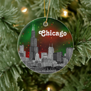 Décoration En Céramique Paysage de Chicago gravé, ciel étoilé vert rouge N