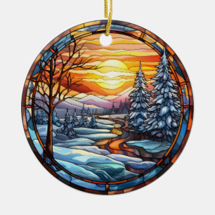 Décoration En Céramique Paysage de Noël style vitrail