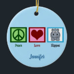 Décoration En Céramique Peace Love Hippopotames Noël<br><div class="desc">Un joli cadeau de Noël hippo avec un joli signe vert de paix,  le coeur,  et un adorable hippopotame de dessin animé. Peace Love Hippopotames. Personnalisez ceci avec votre nom.</div>