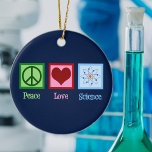 Décoration En Céramique Peace Love Science Enseignant Bleu Noël<br><div class="desc">Un cadeau cool pour un professeur de sciences,  un scientifique,  ou juste un geek qui aime apprendre comment le monde fonctionne. Cute Peace Love Science design avec un signe de paix,  le coeur et le modèle atome.</div>