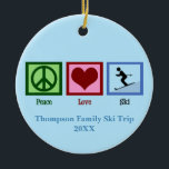 Décoration En Céramique Peace Love Skiing Cute Custom Ski Trip Keepsaké<br><div class="desc">Un signe de paix,  un coeur,  et une personne skier sur un beau décor de Noël de lodge de ski. Personnalisez avec vos informations de vacances en famille pour un beau cadeau de keepsaké pour votre voyage d'hiver. Peace Love Ski.</div>