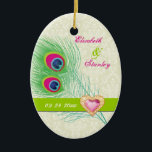 Décoration En Céramique Peacock plumes bijou coeur mariage Enregistrer la<br><div class="desc">Mariage coeur de bijou de plumes de paon Save the Date ornament, avec une plume de paon élégante en chaux et vert émeraude, bleu, turquoise et magenta/fuchsia rose chaud, un groupe vert citron et une illustration d'un diamant de bijou de coeur rose avec contour d'or avec strass sur l'arrière -...</div>