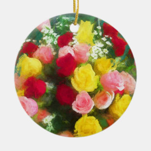 Décoration En Céramique Peinture Bouquet Rose - Jolie Art Fleur Originale