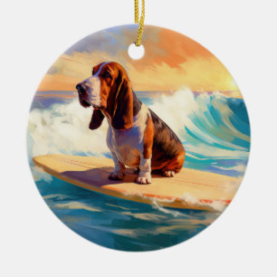 Décoration En Céramique Peinture de Basset Hound faisant du Surf sur la Pl