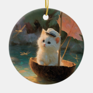 Décoration En Céramique Peinture de chaton blanc duveteux naviguant dans u