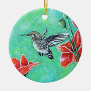 Décoration En Céramique Peinture de colibri et de pavots