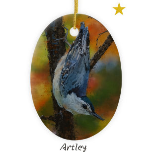 Décoration En Céramique Peinture d'oiseaux nuthatch à poitrine blanche Ann