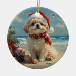 Décoration En Céramique Pekingese Chien Noël Plage Vintage
