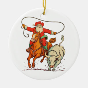 Décoration En Céramique Père Noël Cowboy Western Roping Noël Vintage Xmas