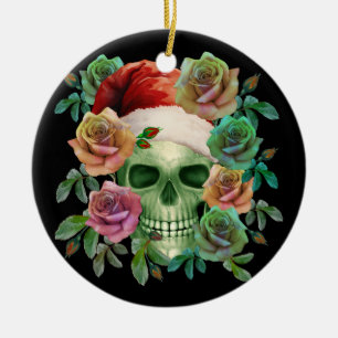 DÉCORATION EN CÉRAMIQUE PÈRE NOËL DRÔLE CRÂNE VERT ET FLORAL NOËL