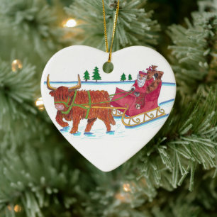 Décoration En Céramique Père Noël écossaise avec Highland Cow tirant traîn
