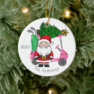 Décoration En Céramique Père Noël en voiturette de golf rose personnalisée