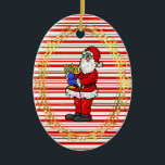 Décoration En Céramique Père Noël Holding Menorah Chrismukkah Ornament<br><div class="desc">C'est un look festif traditionnel de Noël avec rayures de sucre de canne et rouge. La façade montre Père Noël tenant une Menorah. Le dos peut être personnalisé comme vous le souhaitez. Conçu par Sheila Cicchi,  Brownielocks.com. Tous droits réservés.</div>