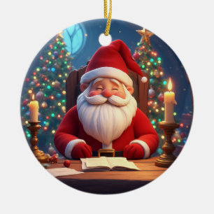 Décoration En Céramique Père Noël lisant un livre à la lumière d'une bougi