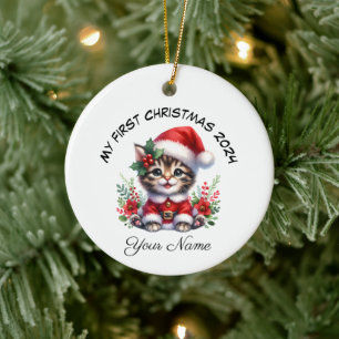 Décoration En Céramique Père Noël personnalisée Tabby Kitten Premier Noël