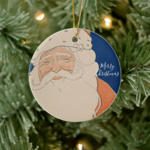 Décoration En Céramique Père Noël sur carte vintage en rouge sur fond bleu