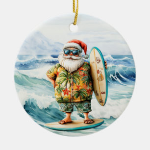 Décoration En Céramique Père Noël sur planche de surf sur fond marin