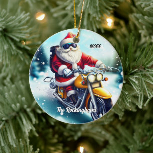Décoration En Céramique Père Noël sur une moto dans la neige