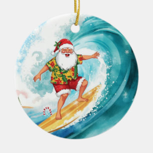 Décoration En Céramique Père Noël surfeur de Noël sur une grosse vague