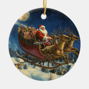 Décoration En Céramique Père Noël survolant l'ornement de Noël du village