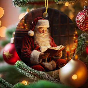 Décoration En Céramique Père Noël vintage Lecture d'un livre