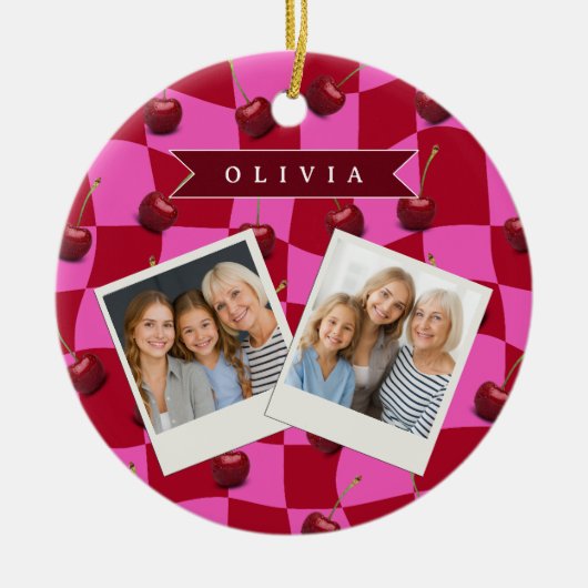 Décoration En Céramique Personalized Cherry Gingham Retro Custom Name (Devant)