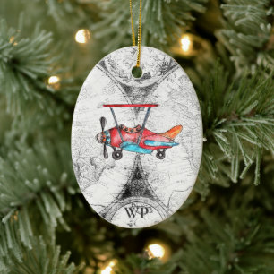 Décoration En Céramique Personalized Initials, Vintage Map, Retro Airplane