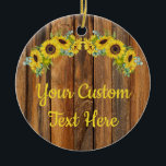 Décoration En Céramique Personalized Rustic Wood Sunflower Custom Text<br><div class="desc">driftwood medium wood sunflowers fun background, birthday party sunflower eucalyptus hen, rustic wedding barn country outdoor, personalized fall vow renewal 25th, engagement party newlywed ornament gift, baby shower bridal shower ornament, wedding present ornament summer spring, your custom text birthday ornament, anniversary wedding sweet 16 quinceanera, autumn new parents daughter son...</div>