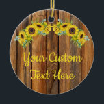 Décoration En Céramique Personalized Rustic Wood Sunflower Custom Text<br><div class="desc">driftwood medium wood sunflowers fun background, birthday party sunflower eucalyptus hen, rustic wedding barn country outdoor, personalized fall vow renewal 25th, engagement party newlywed ornament gift, baby shower bridal shower ornament, wedding present ornament summer spring, your custom text birthday ornament, anniversary wedding sweet 16 quinceanera, autumn new parents daughter son...</div>