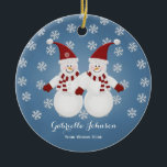 Décoration En Céramique Personalized Snowman Twins Ornament<br><div class="desc">2 Cute Snowman wearing a top hat and scarf. Add a name and message.</div>