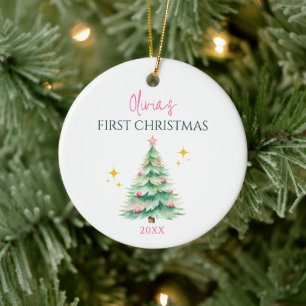 Décoration En Céramique Personnaliser mignonne rose bébé fille 1er sapin d
