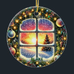 Décoration En Céramique Personnaliser Wreath Winter Wonderland Kids Keepsa<br><div class="desc">Célébrez la joie de Noël avec un ornement personnalisé qui est aussi unique que vos petits! La face avant est ornée d'une superbe cheminée de Noël aquarelle avec des ornements, encadrant une fenêtre avec un coucher de soleil sur un pays merveilleux d'hiver. Les couleurs sont spectaculaires. Le nom d'appel de...</div>