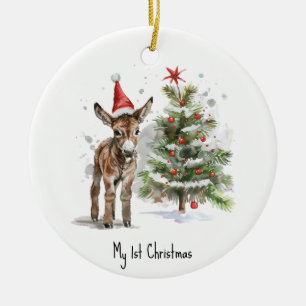 Décoration En Céramique petit âne mignon et arbre de noël, personnalisable