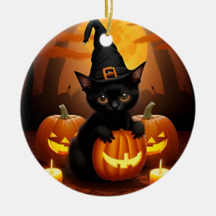 Décoration En Céramique Petit chaton noir avec chapeau de sorcière parmi l